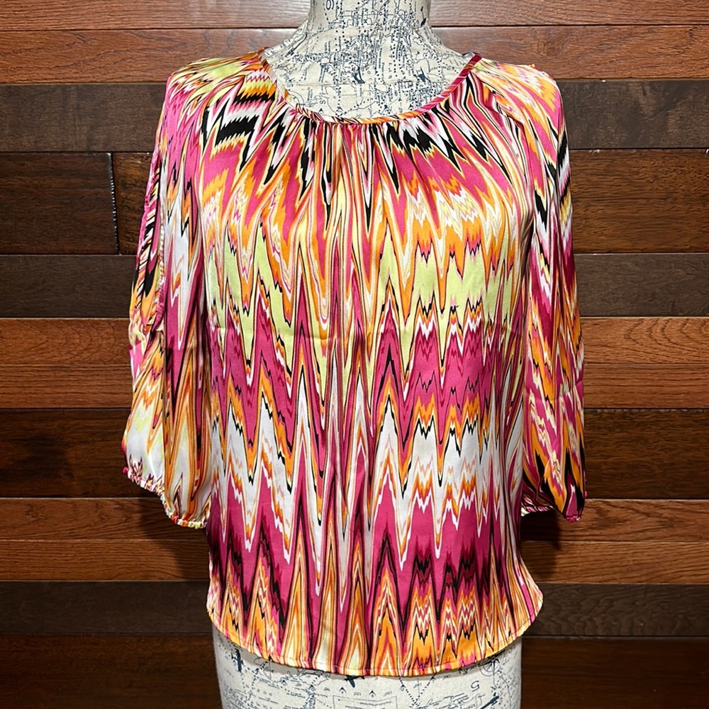 Nue Options Scoop Neck 3/4 Cold Shoulder Sleeve Satiny Blouse